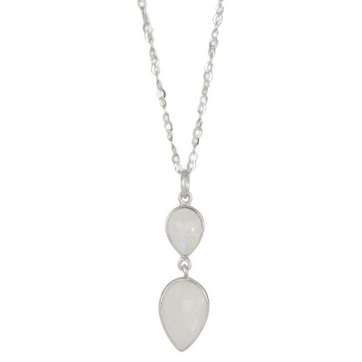 925 Sterling Silver necklace rhodium plated with two stones of Rainbow Moonstone in the form of a drop