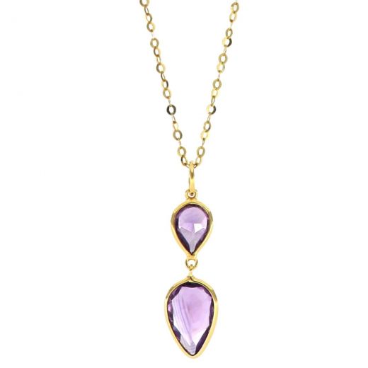925 Sterling Silver necklace gold plated with two stones of Amethyst in the form of a drop