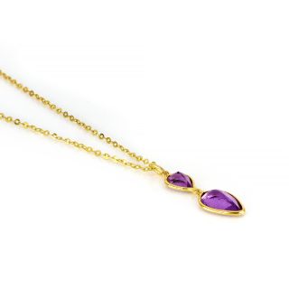 925 Sterling Silver necklace gold plated with two stones of Amethyst in the form of a drop - 