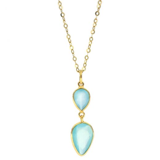 925 Sterling Silver necklace gold plated with two stones of Aqua Chalcedony in the form of a drop