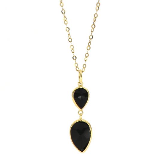 925 Sterling Silver necklace gold plated with two stones of Black Onyx in the form of a drop