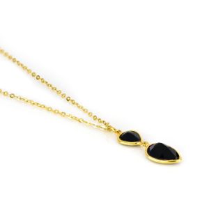 925 Sterling Silver necklace gold plated with two stones of Black Onyx in the form of a drop - 