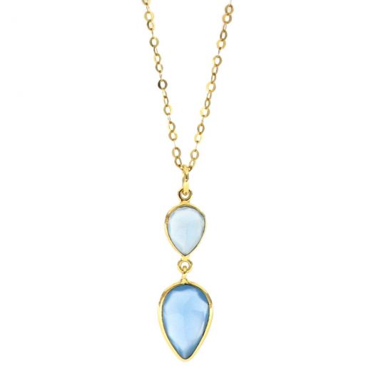 925 Sterling Silver necklace gold plated with two stones of Blue Chalcedony in the form of a drop
