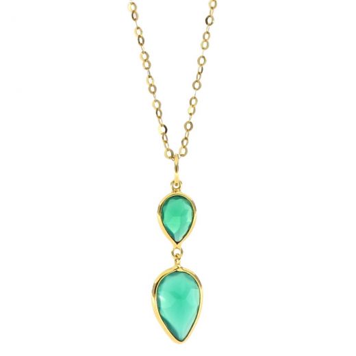 925 Sterling Silver necklace gold plated with two stones of Green Onyx in the form of a drop