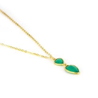925 Sterling Silver necklace gold plated with two stones of Green Onyx in the form of a drop - 