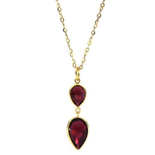 925 Sterling Silver necklace gold plated with two stones of Garnet in the form of a drop