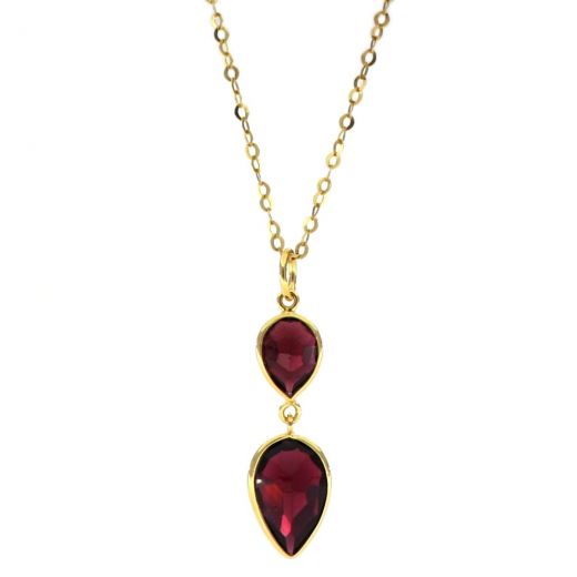 925 Sterling Silver necklace gold plated with two stones of Garnet in the form of a drop