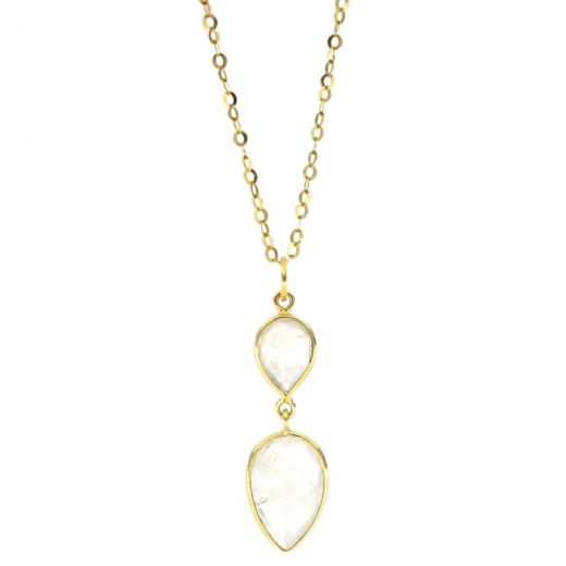 925 Sterling Silver necklace gold plated with two stones of Rainbow Moonstone in the form of a drop