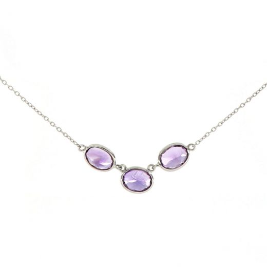 925 Sterling Silver necklace rhodium plated with three stones of oval Amethyst