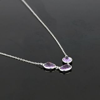 925 Sterling Silver necklace rhodium plated with three stones of oval Amethyst - 