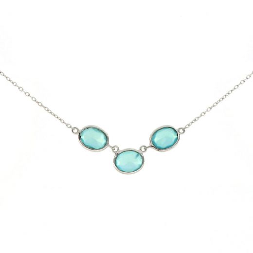 925 Sterling Silver necklace rhodium plated with three stones of oval Aqua Chalcedony