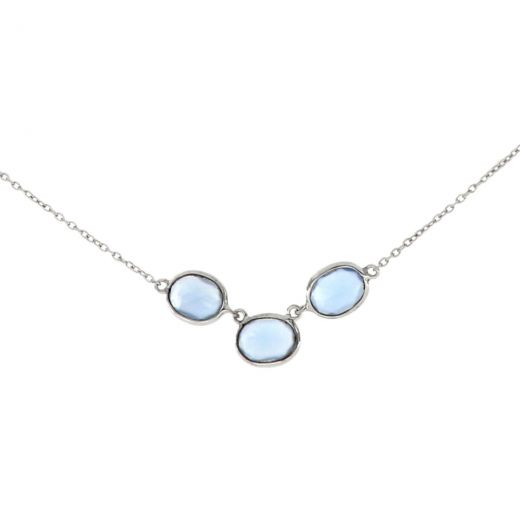 925 Sterling Silver necklace rhodium plated with three stones of oval Blue Chalcedony