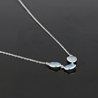 925 Sterling Silver necklace rhodium plated with three stones of oval Blue Chalcedony - 