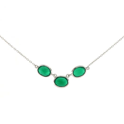 925 Sterling Silver necklace rhodium plated with three stones of oval Green Onyx