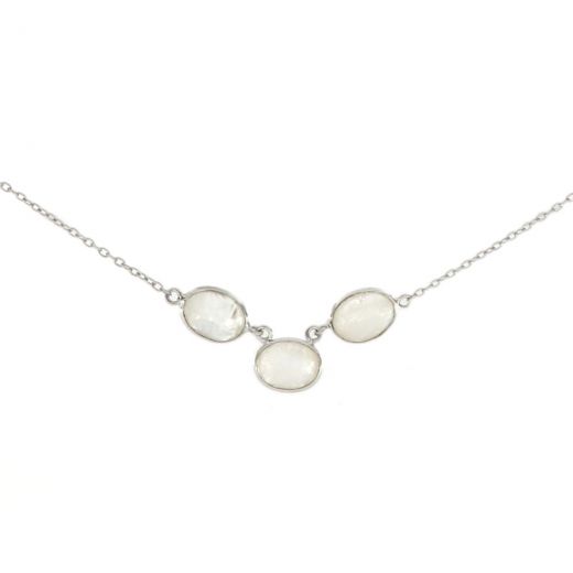 925 Sterling Silver necklace rhodium plated with three stones of oval Rainbow Moonstone