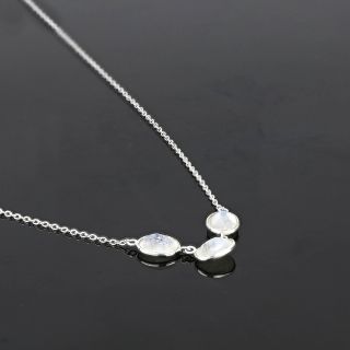 925 Sterling Silver necklace rhodium plated with three stones of oval Rainbow Moonstone - 