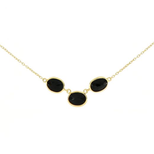 925 Sterling Silver necklace gold plated with three stones of oval Black Onyx