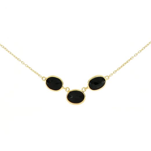925 Sterling Silver necklace gold plated with three stones of oval Black Onyx