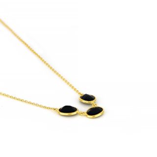 925 Sterling Silver necklace gold plated with three stones of oval Black Onyx - 