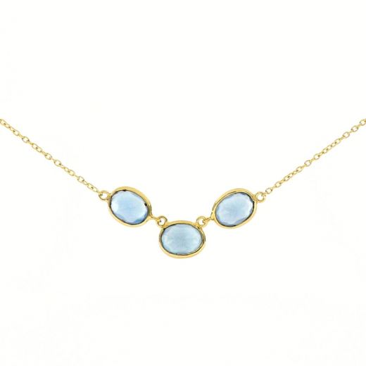 925 Sterling Silver necklace gold plated with three stones of oval Blue Chalcedony