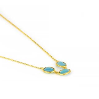 925 Sterling Silver necklace gold plated with three stones of oval Blue Chalcedony - 