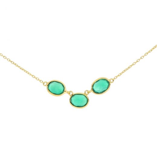 925 Sterling Silver necklace gold plated with three stones of oval Green Onyx