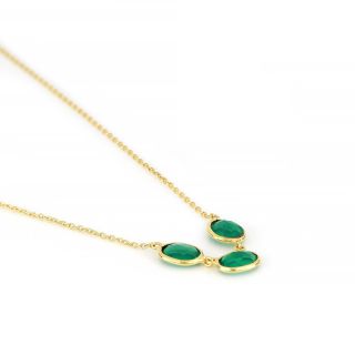 925 Sterling Silver necklace gold plated with three stones of oval Green Onyx - 