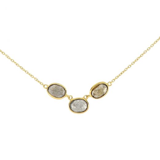925 Sterling Silver necklace gold plated with three stones of oval Labradorite