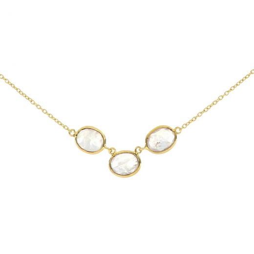 925 Sterling Silver necklace gold plated with three stones of oval Rainbow Moonstone