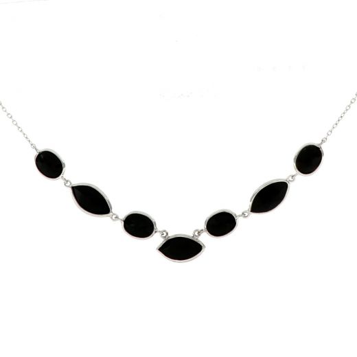 925 Sterling Silver necklace rhodium plated with seven stones of Black Onyx
