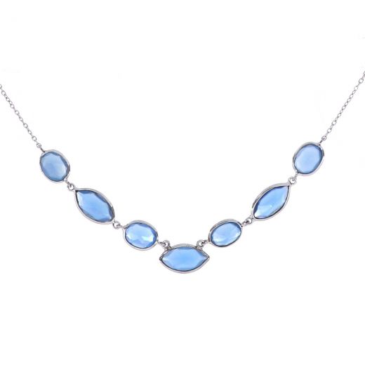 925 Sterling Silver necklace rhodium plated with seven stones of Aqua Chalcedony