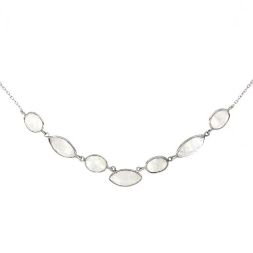 925 Sterling Silver necklace rhodium plated with seven stones of Rainbow Moonstone