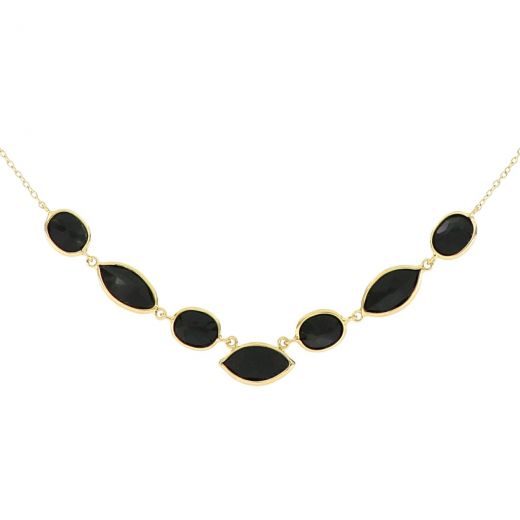925 Sterling Silver necklace gold plated with seven stones of Black Onyx