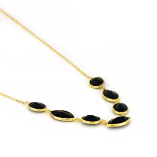 925 Sterling Silver necklace gold plated with seven stones of Black Onyx - 