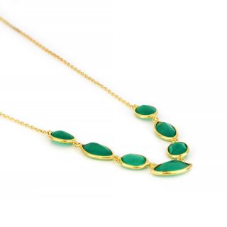 925 Sterling Silver necklace gold plated with seven stones of Green Onyx - 