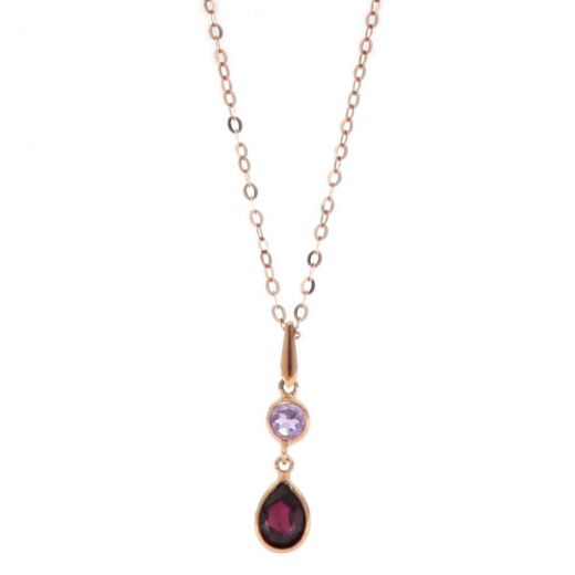 925 Sterling Silver necklace rose gold plated with round Brazilian Amethyst and Garnet in the form of a drop