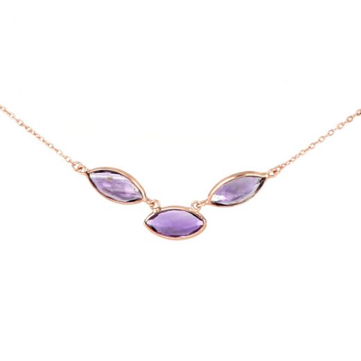 925 Sterling Silver necklace rose gold plated with three stones of Amethyst "navette" shape