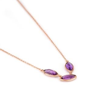 925 Sterling Silver necklace rose gold plated with three stones of Amethyst "navette" shape - 