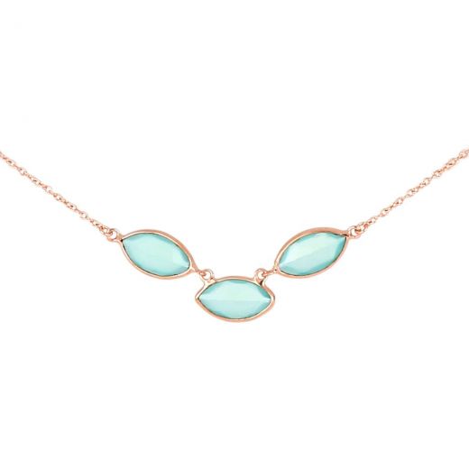 925 Sterling Silver necklace rose gold plated with three stones of Aqua Chalcedony "navette" shape