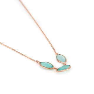 925 Sterling Silver necklace rose gold plated with three stones of Aqua Chalcedony "navette" shape - 