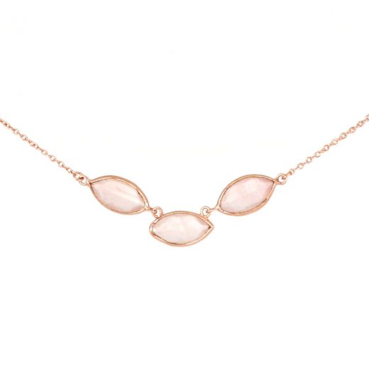 925 Sterling Silver necklace rose gold plated with three stones of rose quartz "navette" shape