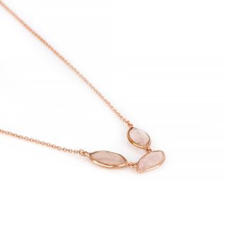 925 Sterling Silver necklace rose gold plated with three stones of rose quartz "navette" shape - 
