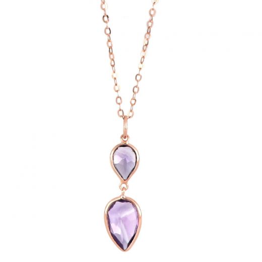 925 Sterling Silver necklace rose gold plated with two stones of Amethyst  in the form of a drop