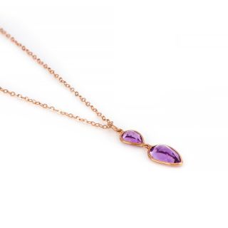 925 Sterling Silver necklace rose gold plated with two stones of Amethyst  in the form of a drop - 