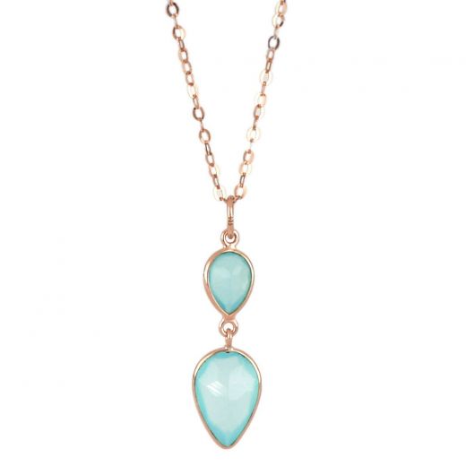925 Sterling Silver necklace rose gold plated with two stones of Aqua Chalcedony in the form of a drop