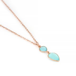 925 Sterling Silver necklace rose gold plated with two stones of Aqua Chalcedony in the form of a drop - 