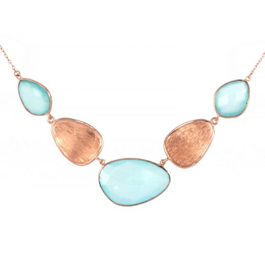 925 Sterling Silver necklace rose gold plated with three stones of Aqua Chalcedony