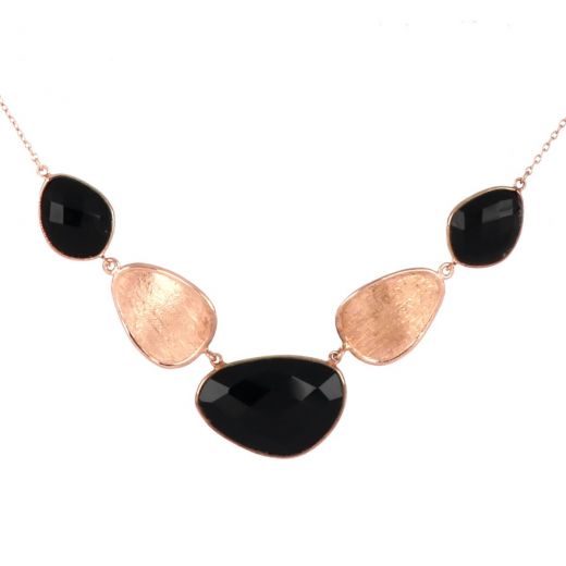 925 Sterling Silver necklace rose gold plated with three stones of Black Onyx