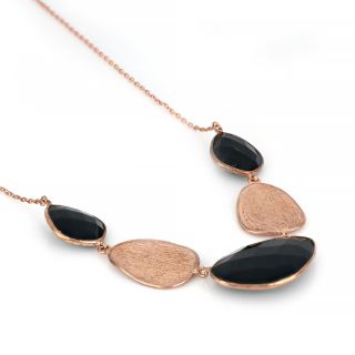 925 Sterling Silver necklace rose gold plated with three stones of Black Onyx - 