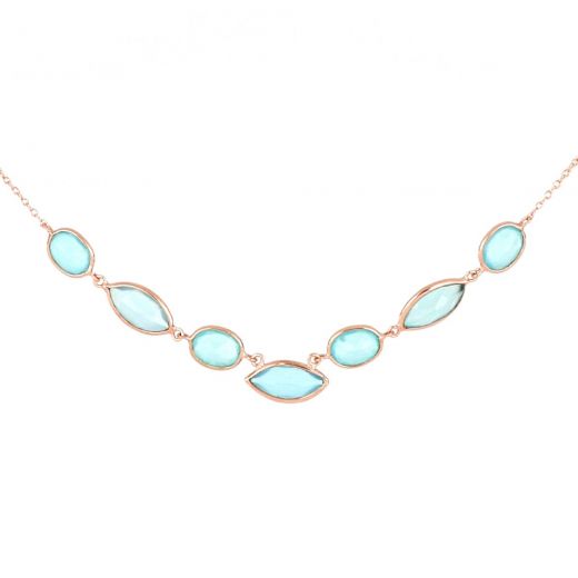 925 Sterling Silver necklace rose gold plated with seven stones of Aqua Chalcedony